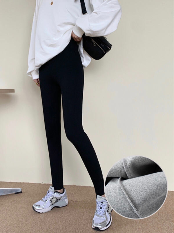 High Waist Thread Leggings Women Solid Slim Slender Plus Velvet Thicker Thermal Simple Casual Outerwear Autumn Winter Daily New