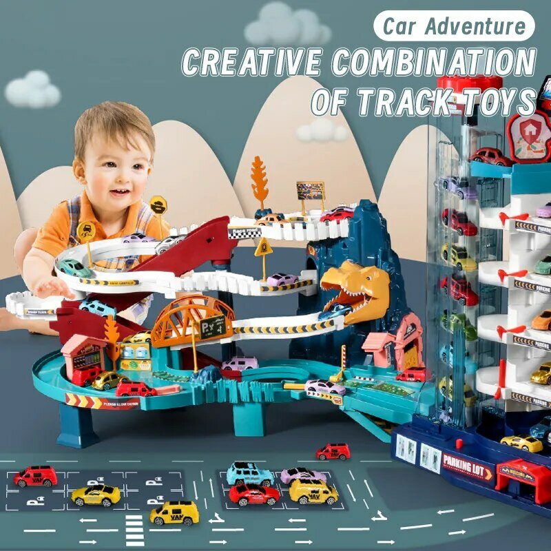 Puzzle électrique de rail de route de montagne de dinosaure pour des enfants, jouet de comparateur de jeu, voiture d'aventure, petit train, parking de voiture pour des garçons, cadeau d'anniversaire