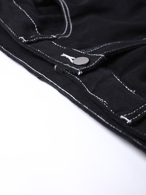 جينز نسائي أسود مطوي بساق واسعة ، خصر عالي ، توب مخيط ، بنطلون غير رسمي ، موضة المد والجزر ، الربيع ، الخريف ، جديد ، 12A7609