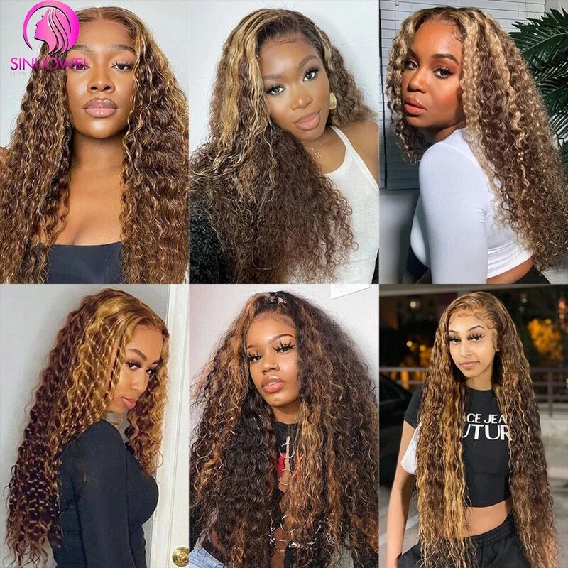 P4/27 Honey Blonde Water Wave Wig 13x4 Glueless Highlight Curly Human Hair Wigs 30 32 Inch Pre-Plucked Human Hair Wigs For Women