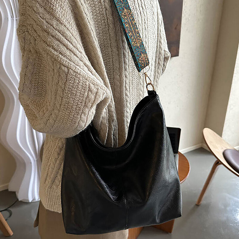 Винтажная однотонная женская сумка-слинг через плечо, вместительная простая сумка-мешок через плечо с широким ремешком