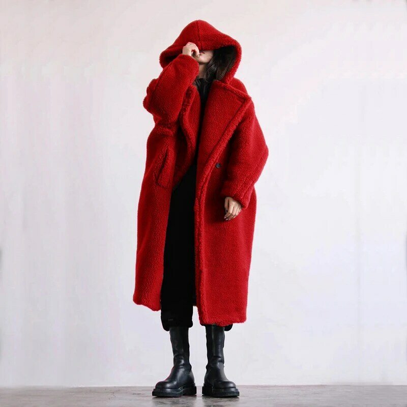Casaco de pele sintética com capuz feminino, casaco longo de pele de cordeiro, casaco grande de lapela grosso e quente, outwear feminino alta qualidade, tamanho grande, inverno