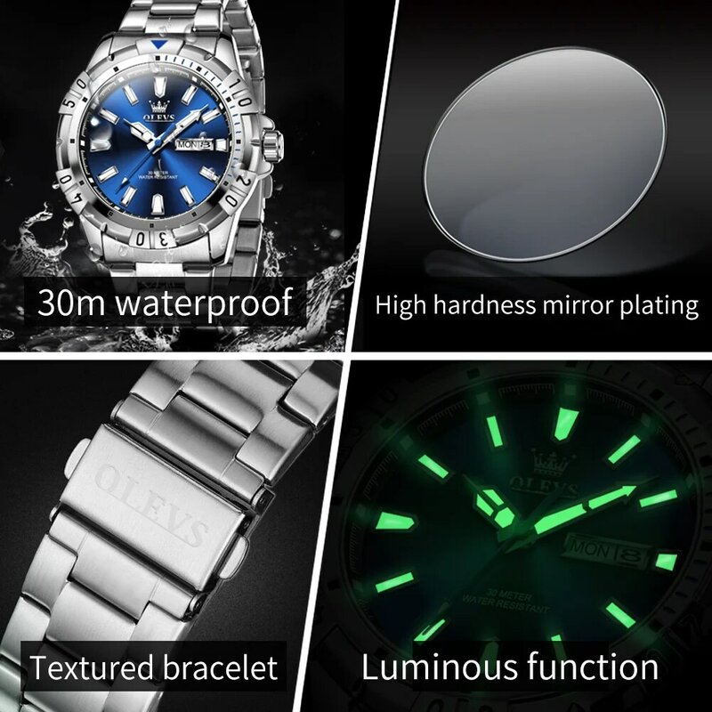 Oryginalne markowe zegarki męskie OLEVS wodoodporne podwójne zegarek kwarcowy z kalendarzem ze stalowy pasek nierdzewnej świecące luksusowe męski zegarek