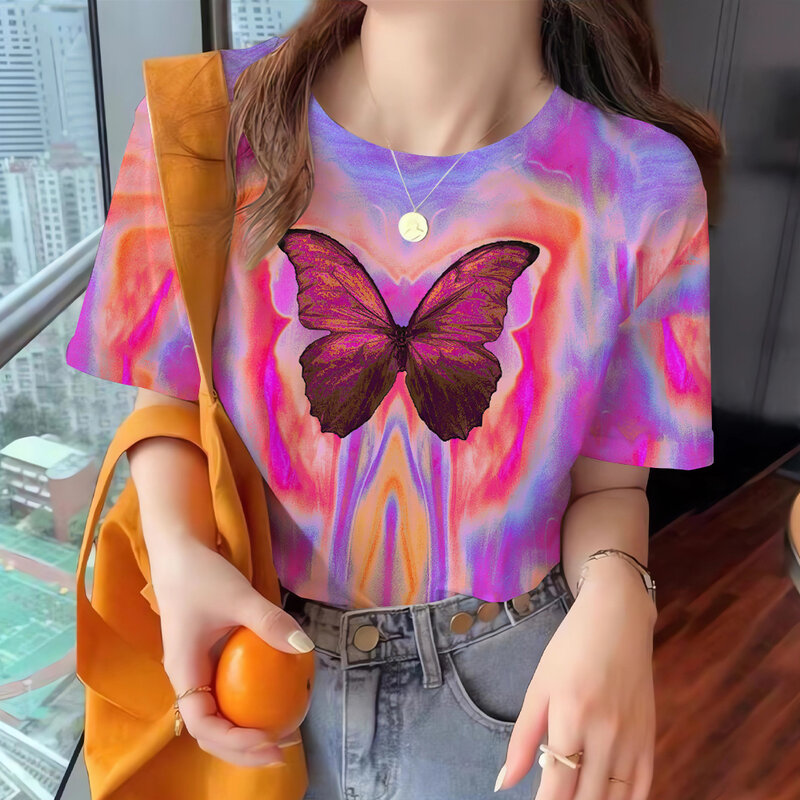Kaus wanita lengan pendek, kaus atasan ukuran besar warna gradien mode kasual leher bundar musim panas cetak kupu-kupu 3D