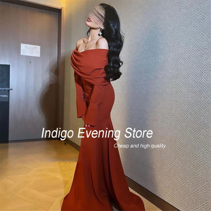 Gaun Prom warna Indigo gaun malam tanpa tali Satin sederhana punggung terbuka lipit bahu terbuka lengan panjang untuk wanita الolnya
