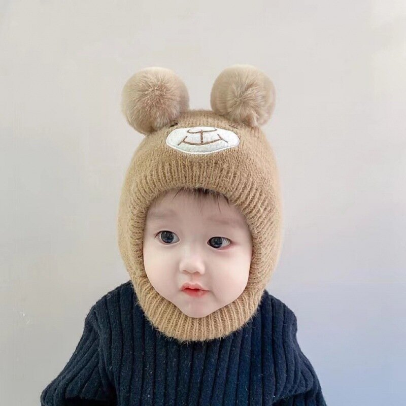 Cute Bear Beanie Cap for Baby Boy Girl Cartoon Pompom Warm Knitted Hat Neck Cover Autumn Winter Toddler Ear Protection Caps