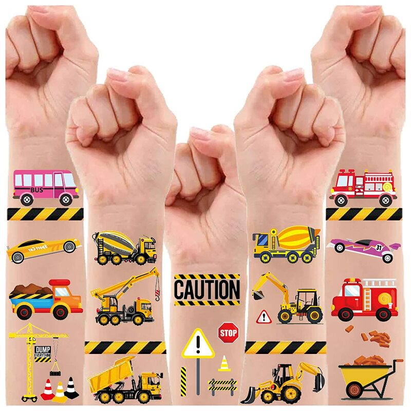 Tatouages temporaires sur le thème du véhicule de construction pour enfants, faux autocollants EbStickers, voitures et camions, cadeaux de fête d'anniversaire pour garçons