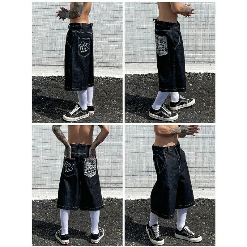 2024 Summer Retro Shorts Hip-Hop Jeans Y2K Pocket Letter Print Jeans Men's Trendy Personalized Shorts Summer Knee-length Pants