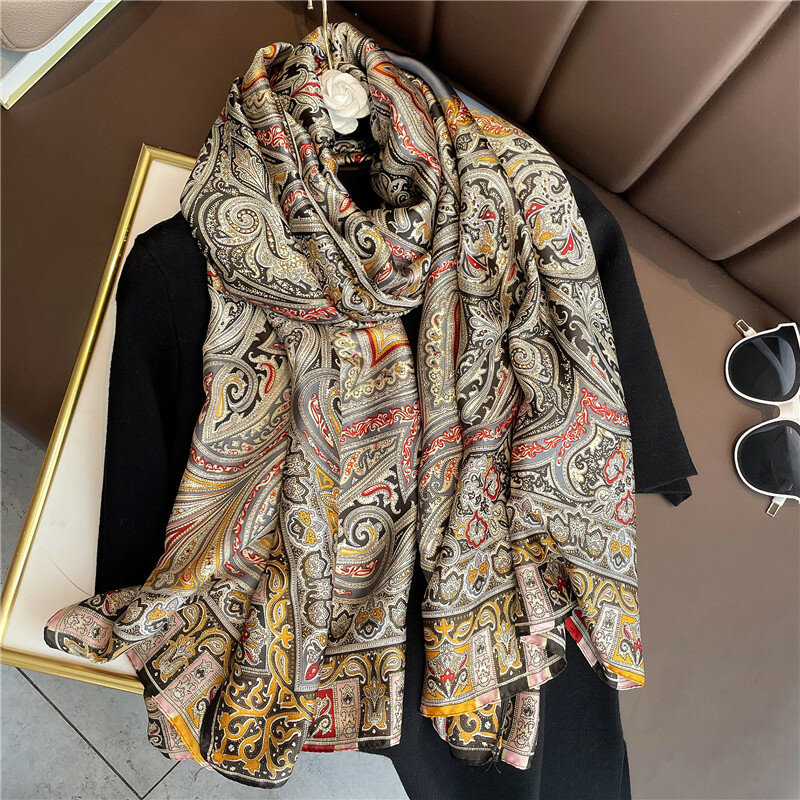 180*90cm Large Silk Satin Scarf Hijab Women Print Spring New Shawl Wrap Female Hand Foulard Pashmina Travel Echarpe 2022 NEW