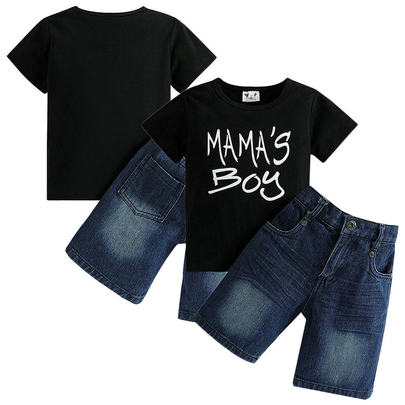 Pantaloncini di jeans a maniche corte con scollo tondo nero per ragazzi Set di due pezzi Casual di moda Set di pantaloncini a maniche corte per bambini estivi 2-6Y