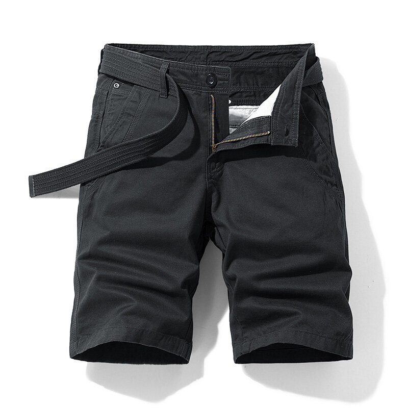 Traveling Comfy Breathable 100% Cotton Male Knee Length Shorts Straight Solid Casual Mid-Waist With Belt Safari Shorts For Man