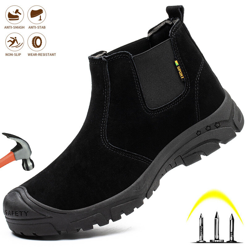 To Fashion Men Safety Shoes Steel Toe Caps Indestructible Work Boots Anti-smashing Anti-puncture Lightweight Chelsea Outdoor