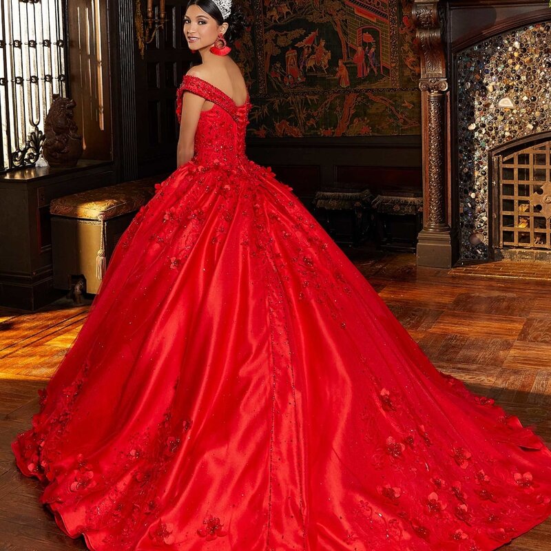 Vestido Quinceanera Vermelho Evlast México, Applique Floral 3D Flores, Espartilho Beading, Vestido de Baile Sweet 16, TQD145