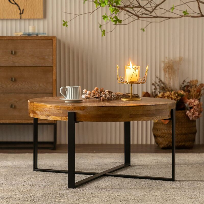 Meja kopi bulat Splicing Retro Modern 31.29 inci, Meja kayu cemara dengan alas kaki silang hitam