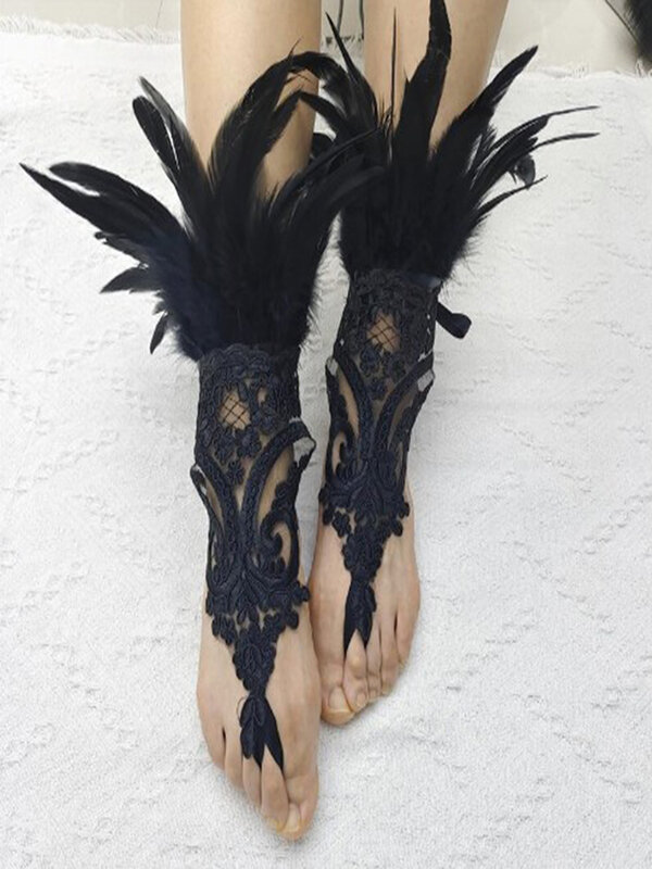 1 buah sarung tangan panjang bulu renda seksi lengan jaring-jaring Gotik Aksesori panggung wanita sarung tangan hitam putih bordir kait pesta Halloween