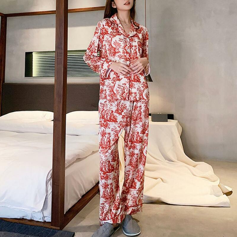 Women Suit Floral Print Women's Pajama Set Stylish Single-breasted Homewear with Loose Fit Lapel Pockets Elastic for Spring/fall