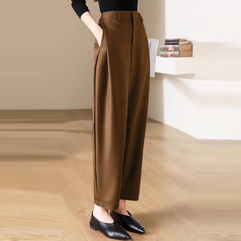 Celana kasual lurus sederhana Mode Korea, celana panjang kaki lebar ramping pinggang tinggi bersaku kancing ritsleting Solid wanita
