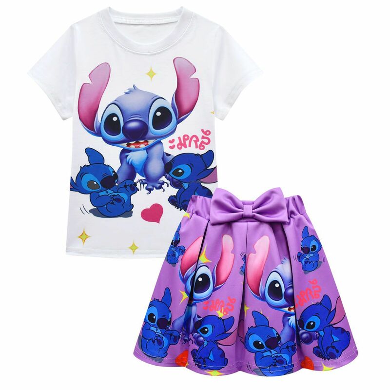 Summer Children's Clothing Sets Girls Stitch Cartoon Print T-Shirt + Pleated Skirt 2Pcs Suit Kids Birthday Party Costume Outfit