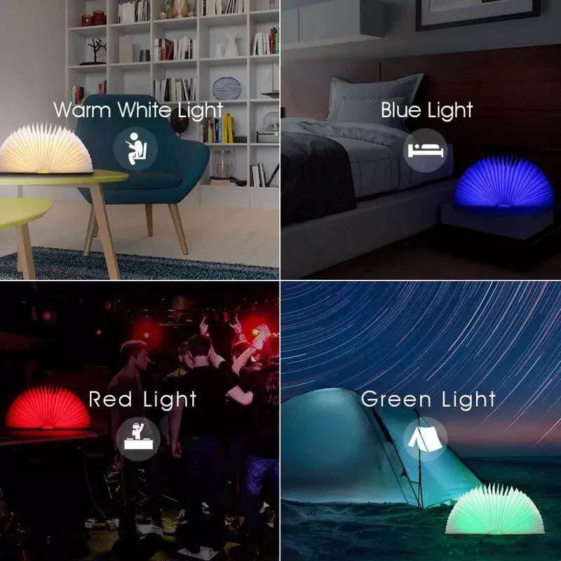 Lámpara LED de madera para libros, luz nocturna portátil de 5 colores RGB creativa, recargable por USB, magnética, plegable, para escritorio, decoración del hogar