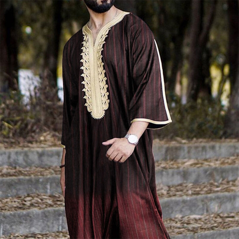 Gradien Muslim Robes Men's Abaya Eid Saudi Arabia Embroidered V Neck Islamic Kafta Stripe Jubba Thobe Male Summer Dress Oversize