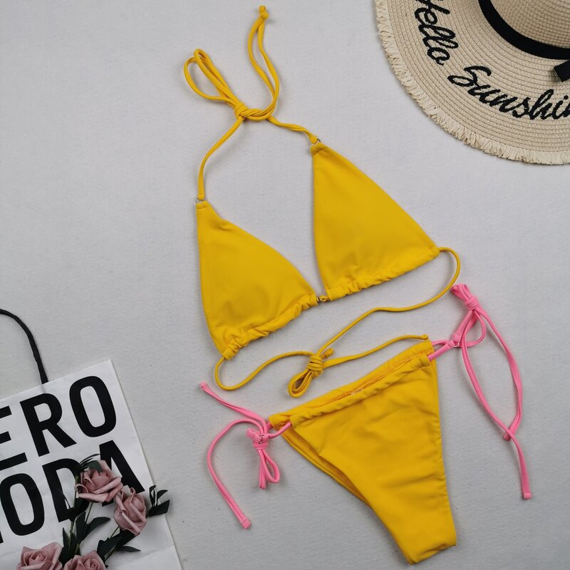 Sexy Thong Yellow Bikini 2024 Women Swimsuit Female Swimwear Strings Bikinis Set Brazilian Beach Wear Bathing Suit Biquini Black