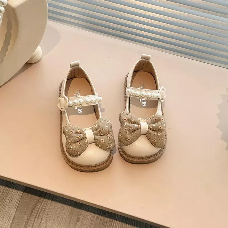 Girls Princess Leather Shoes Sweet Bowknot Children's Flats Fashion Spring Kids Walking Mary Jane Shoes Elegant Pearl Soft Soled
