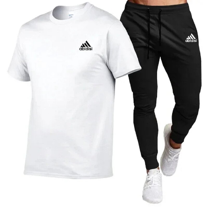Setelan baju olahraga pria, setelan baju katun atasan lengan pendek + celana kasual hitam 2 potong