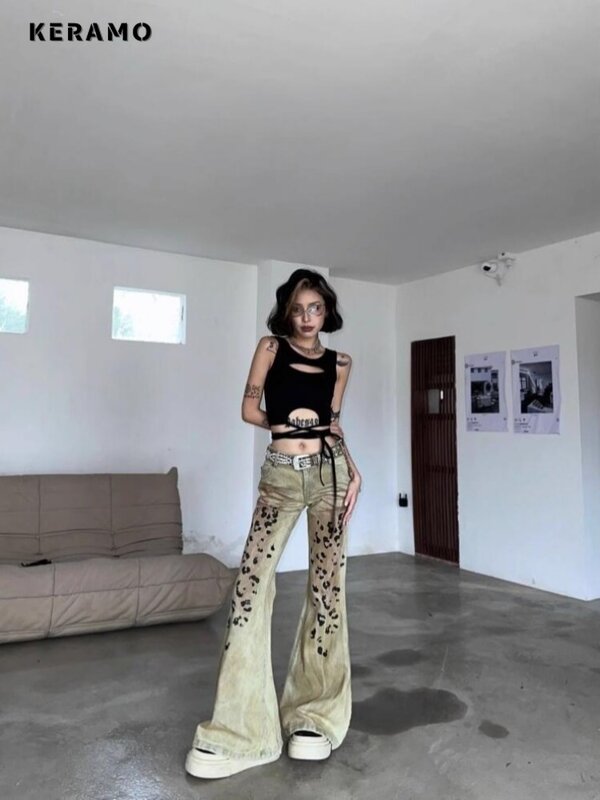 Женские джинсы в стиле Харадзюку, расклешенные брюки-клеш с широкими штанинами и высокой талией, брюки с принтом Y2K, винтажные облегающие уличные джинсовые брюки, лето 2024