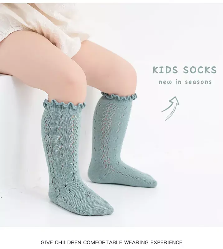 Calcetines hasta la rodilla con volantes para niños y niñas, calcetín largo de algodón suave con flores de encaje, para recién nacidos de 0 a 3 años