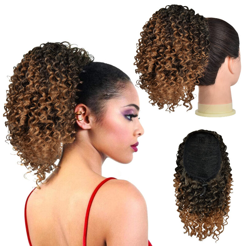 Coleta corta y esponjosa con cordón para mujer, extensiones de cabello Afro rizado con Clip, peluca sin pegamento, uso diario