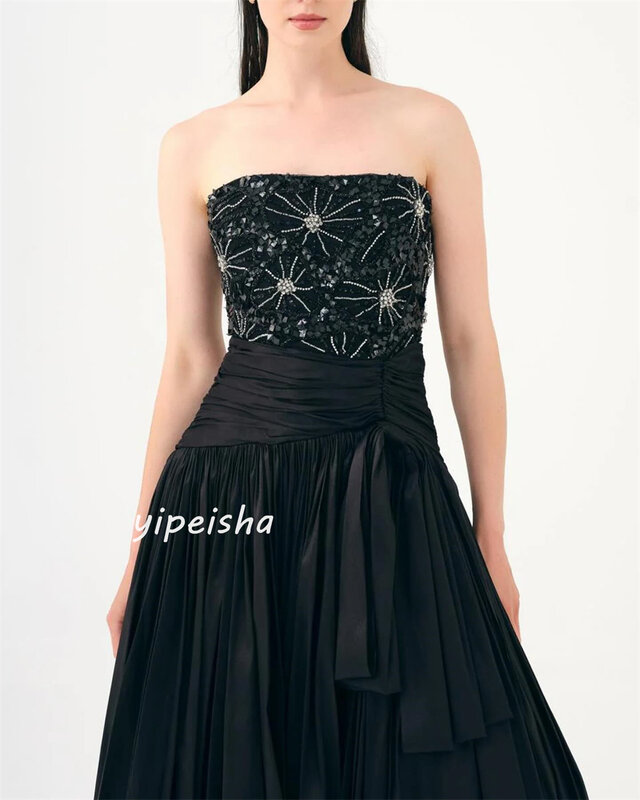 Jersey Draped Rhinestone Beading Cocktail Party A-line Strapless Bespoke Occasion Gown Long Dresses