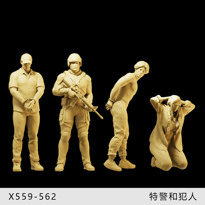 1/64 [Special Police and Criminals] Scene model of handcuffed criminals surrendering dolls and miniature cars
