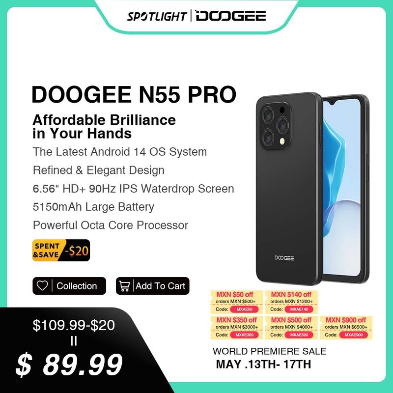 DOOGEE-N55 Pro Smartphone, Widevine L1, Android 14, 6.56 ", 90Hz, IPS, 6GB RAM + 256GB ROM, Desbloqueio facial, Bateria 5150mAh