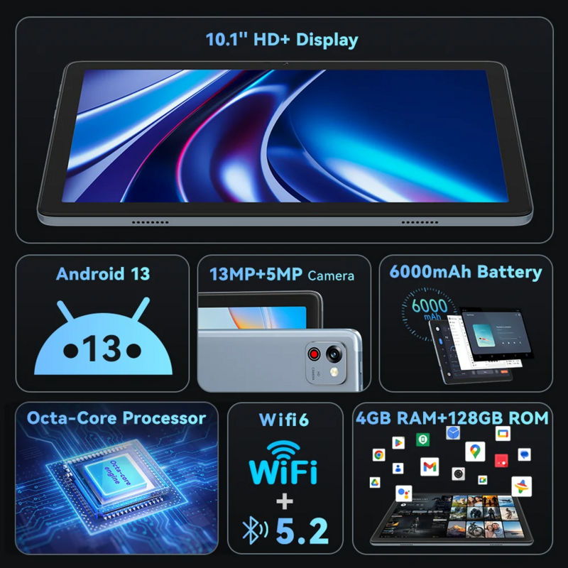 Cubot-Tablette TAB 60, écran HD + de 10.1 pouces, Android 13 Octa-Core, 8 Go de RAM(4 Go + 4 Go) + 128 Go, batterie Dean 6000mAh, caméra arrière 13MP OTG