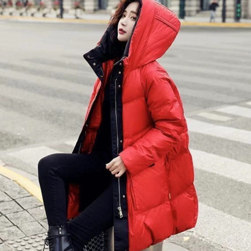 Mantel panjang bertudung untuk wanita, jaket Luaran wajah tebal longgar modis gaya Korea musim dingin 2023