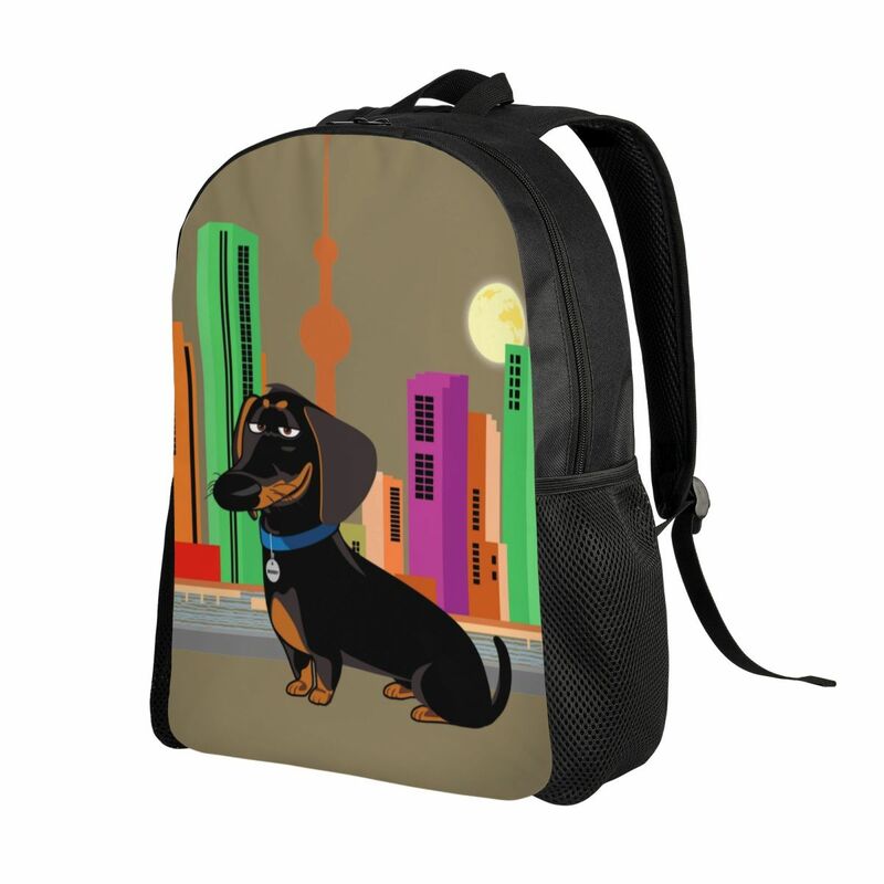 カスタマイズされたカラフルなダックスフントとバッジのバックパック、大学の学校、男性と女性のための基本的なブックバッグ、ソーセージの犬のバッグ