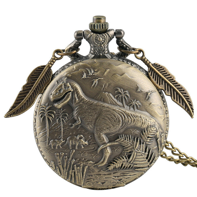 Мужские и женские кварцевые карманные часы в стиле стимпанк с бронзовым рисунком динозавра, часы с арабским номером, цепочка с подвеской, часы с листьями
