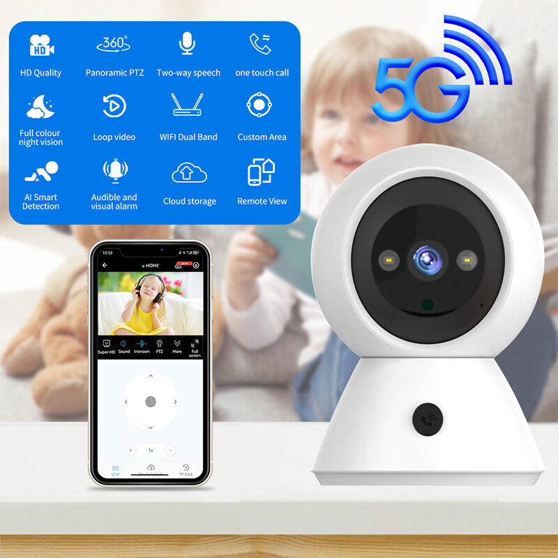 Cámara IP de seguridad para el hogar, dispositivo de vigilancia inteligente HD con WiFi 5G, detección humana por Ia, visión nocturna, seguimiento automático