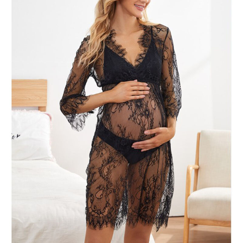 Pregnancy Dress Shoot Gold Knitted Maternity Dresses for Photo Shoot Robe Transparent hollowed Clothing Props
