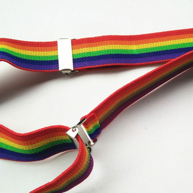 Unisex suspensórios listrados coloridos, adulto Strap, calças do arco-íris Bib, correias Clip