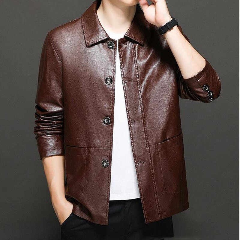 Jaket kulit PU tipis Slim Fit pria, jaket kulit PU, jaket bisnis kulit imitasi ukuran Plus 7XL, mantel Luaran Untuk Pria