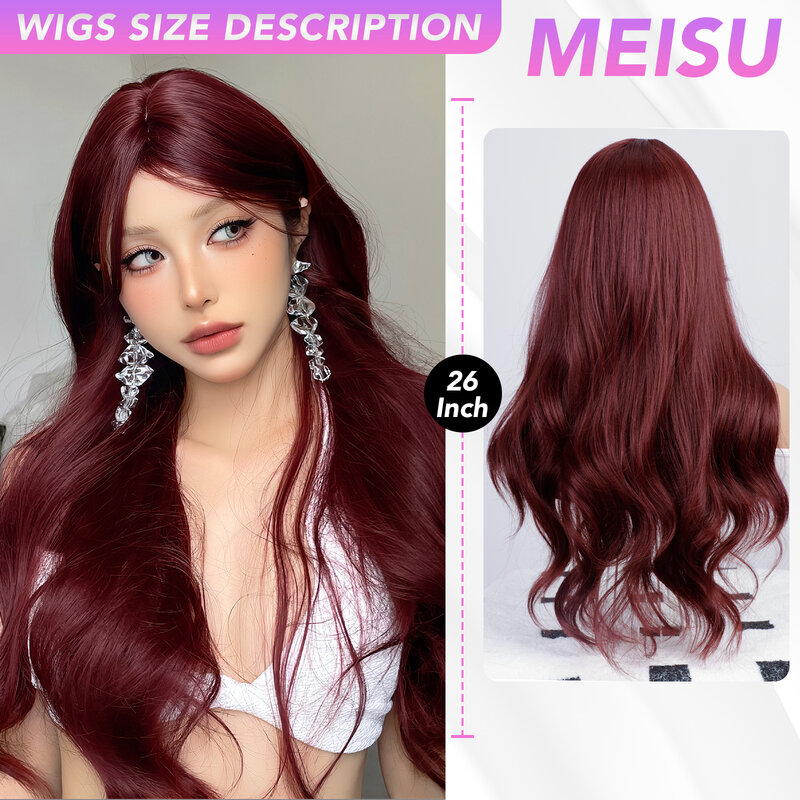 MEISU-pelucas de onda rizada roja rosa, flequillo separado, fibra sintética resistente al calor, pelo de onda profunda Natural para fiesta o Selfie, 26 pulgadas