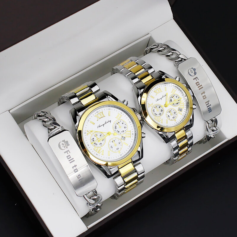 Quartz Steel Watch Set para Casais, Relógio de pulso de luxo para homens e mulheres, Pulseira para amantes, Presentes com pulseira de aço