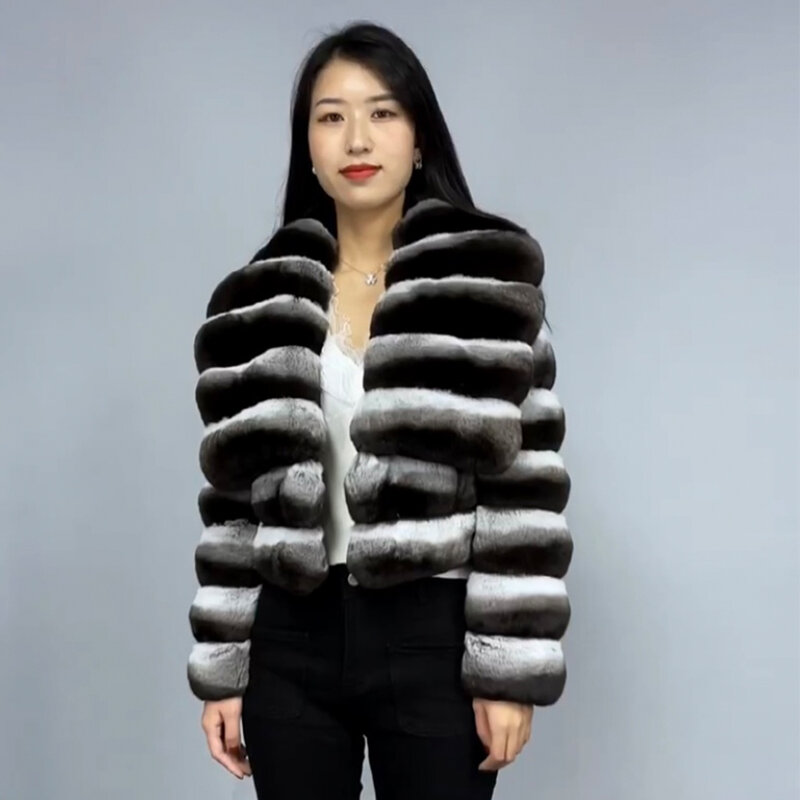 Women's Natural Fur Coat Fluffy Jacket Real Rex Rabbit Fur Coats Chinchilla Fur Women's Short Coat Warm