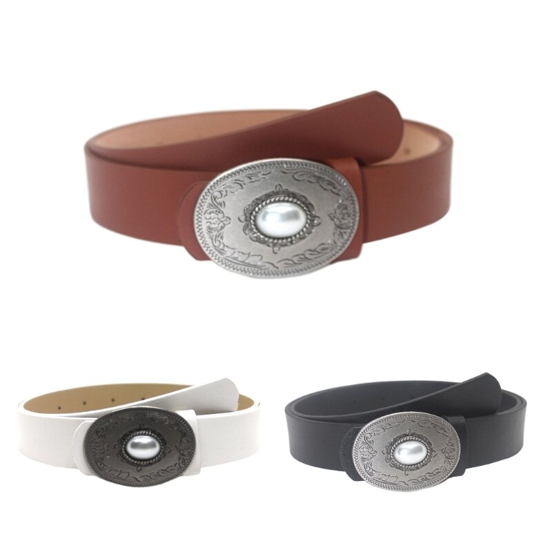 Cinturón Vintage para mujer, cinturón con hebilla en relieve perlas ovaladas, hebilla a presión, cinturón PU para correa