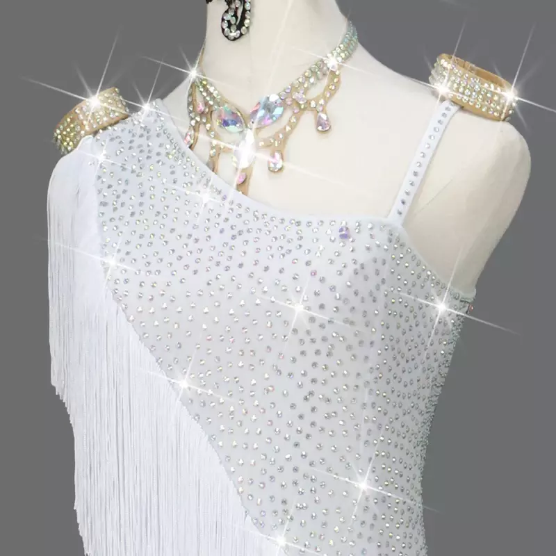 여성용 라틴 댄스 드레스, 화이트 프린지 스커트, 무대 무도회 대회 의상, 라틴 원피스, 2024