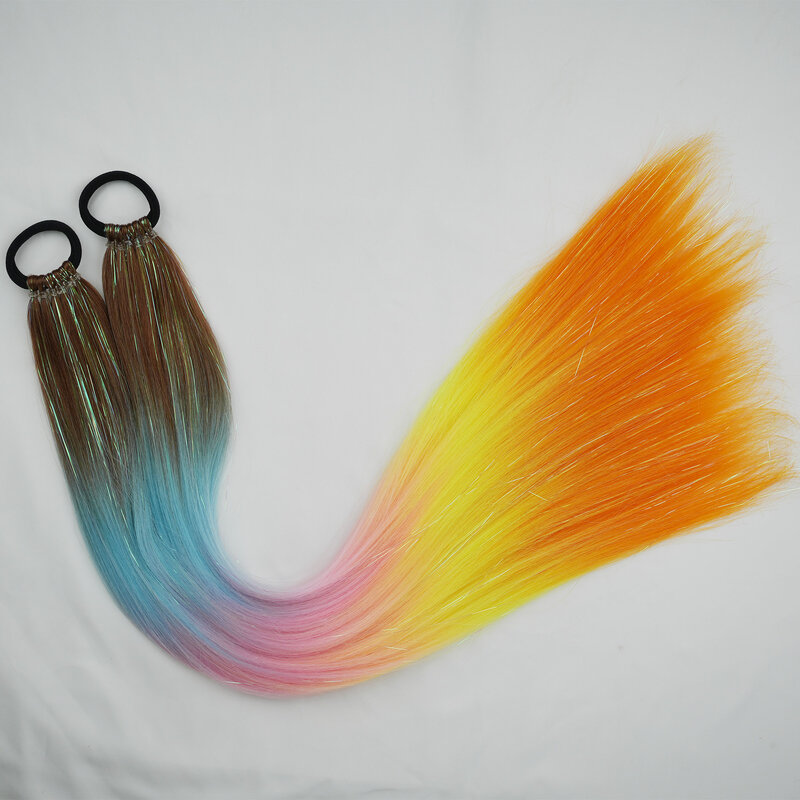 AIYEE-Ombre extensões de rabo de cavalo com ouropel cabelo, trança colorida, laço do cabelo, falso pônei cauda, 28 ", 2 pcs