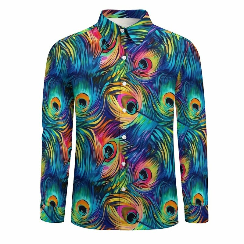 Camisa masculina de manga comprida com estampa de pavão, blusa casual engraçada, tops de design plus size, arco-íris, Y2K, outono