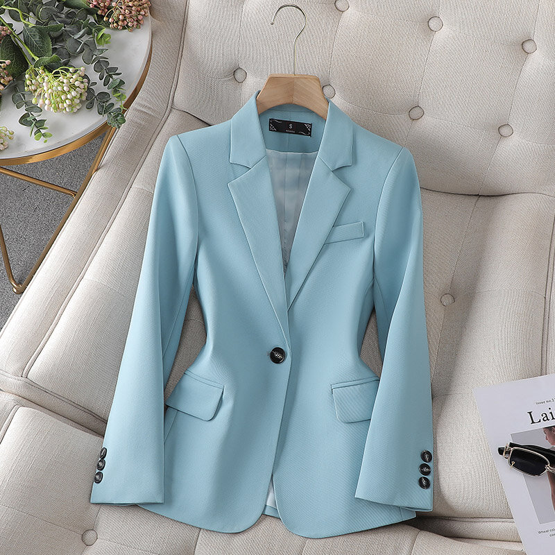 Blazer elegante de manga comprida, estilo OL formal, casaco profissional, roupa de trabalho, tops outwear, roupas azuis, outono e inverno