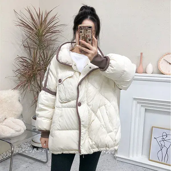 Casaco de pato branco grosso para mulheres, casaco feminino quente, casaco solto, combinando cores, personalidade fashion, inverno, 2023